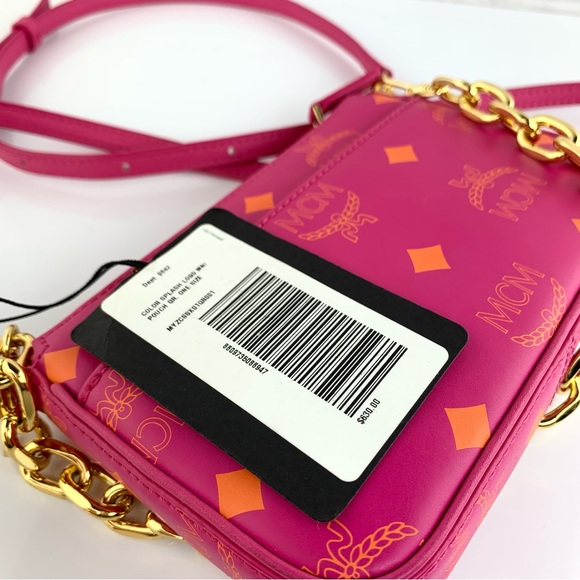 MCM Visetos Mini Zip Pouch Splash Logo Crossbody Bag Pink $650 - Picture 12 of 15